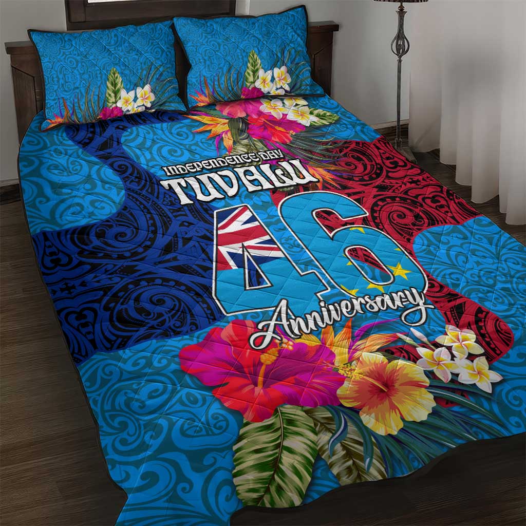 Tuvalu Independence Day Quilt Bed Set 1st October 46th Anniversary Polynesian Jungle Flower