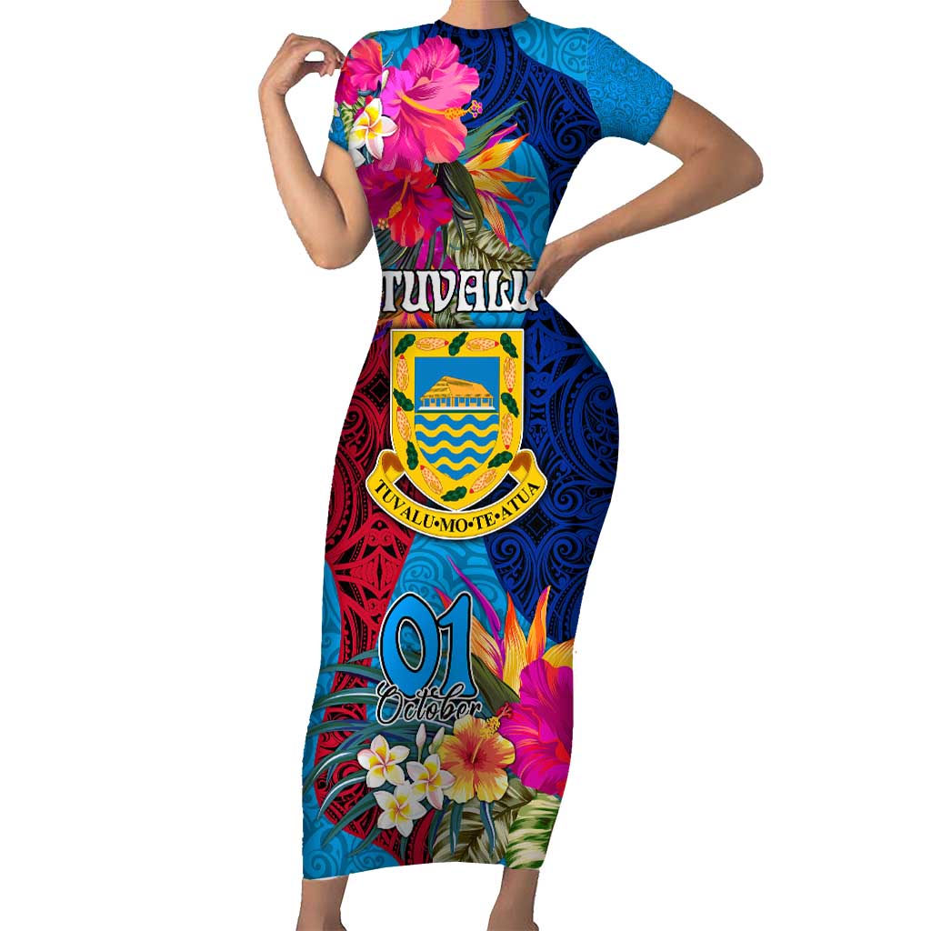 Tuvalu Independence Day Short Sleeve Bodycon Dress 1st October 46th Anniversary Polynesian Jungle Flower