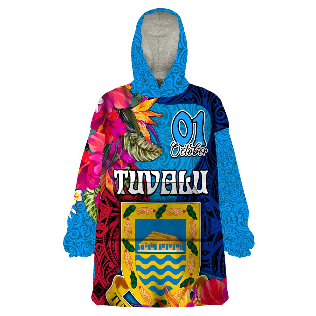 Tuvalu Independence Day Wearable Blanket Hoodie 1st October 46th Anniversary Polynesian Jungle Flower