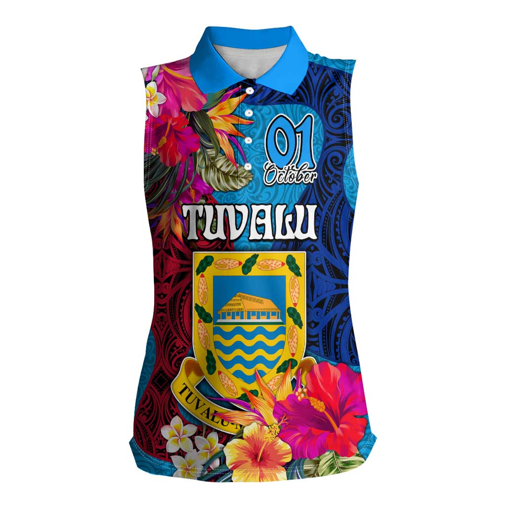 Tuvalu Independence Day Women Sleeveless Polo Shirt 1st October 46th Anniversary Polynesian Jungle Flower