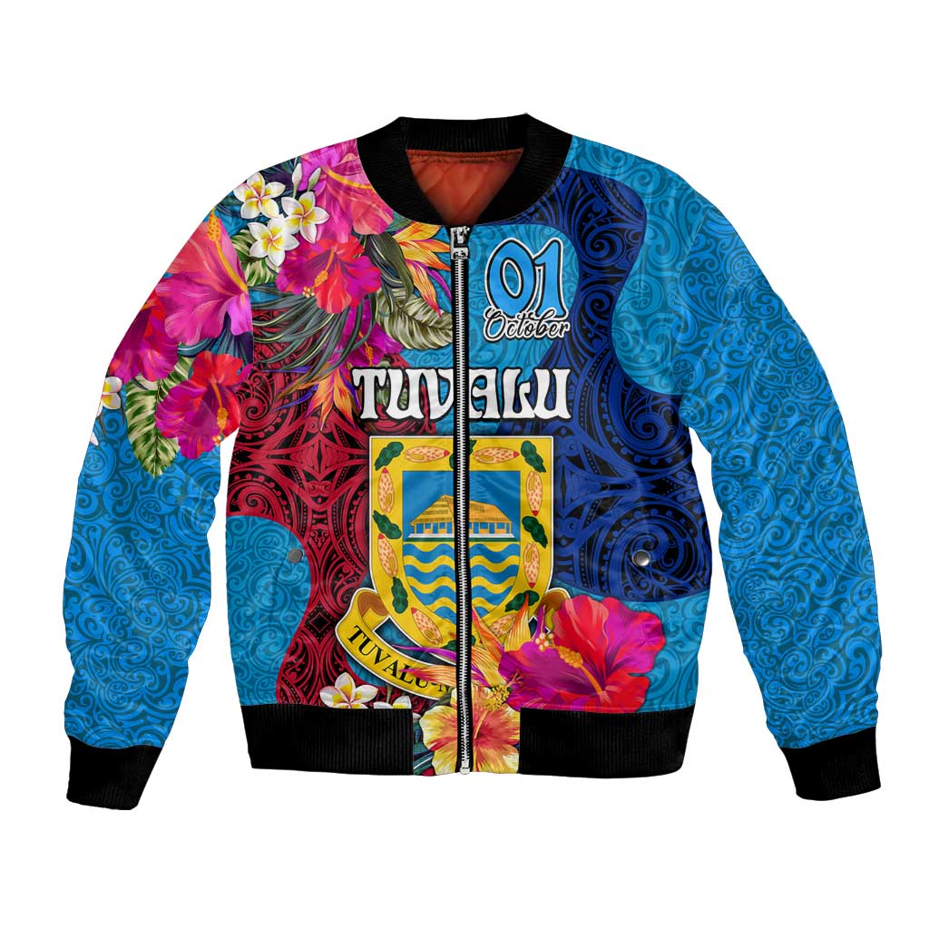 Personalised Tuvalu Independence Day Bomber Jacket 1st October 46th Anniversary Polynesian Jungle Flower