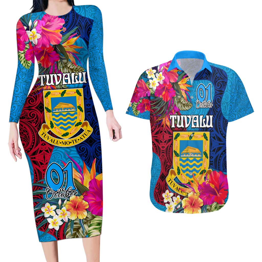 Personalised Tuvalu Independence Day Couples Matching Long Sleeve Bodycon Dress and Hawaiian Shirt 1st October 46th Anniversary Polynesian Jungle Flower