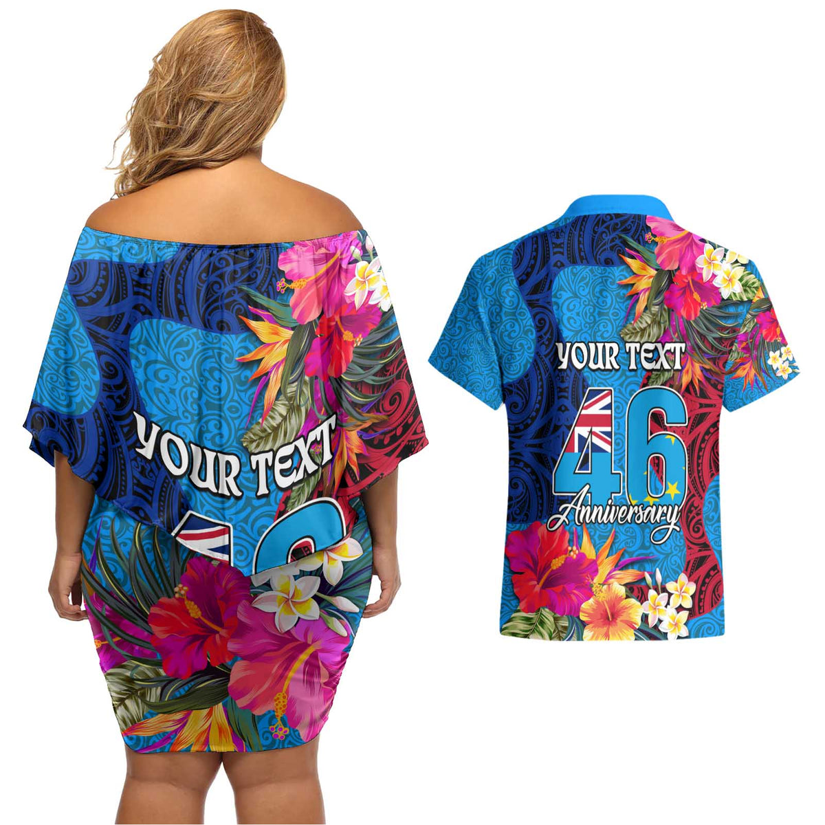 Personalised Tuvalu Independence Day Couples Matching Off Shoulder Short Dress and Hawaiian Shirt 1st October 46th Anniversary Polynesian Jungle Flower