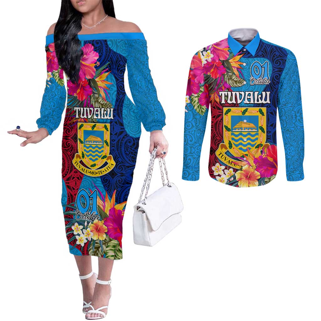 Personalised Tuvalu Independence Day Couples Matching Off The Shoulder Long Sleeve Dress and Long Sleeve Button Shirt 1st October 46th Anniversary Polynesian Jungle Flower