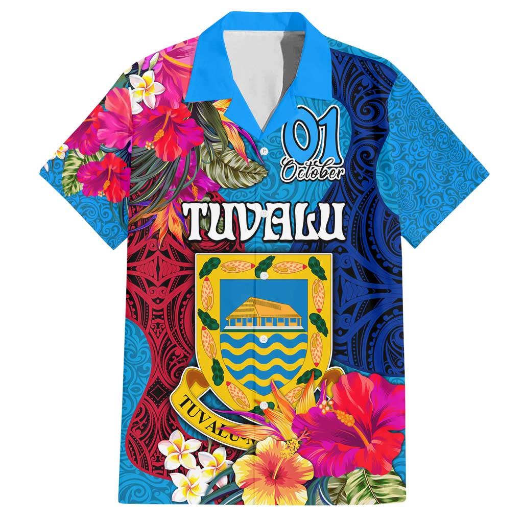 Personalised Tuvalu Independence Day Family Matching Long Sleeve Bodycon Dress and Hawaiian Shirt 1st October 46th Anniversary Polynesian Jungle Flower LT03 Dad's Shirt - Short Sleeve Blue - Polynesian Pride