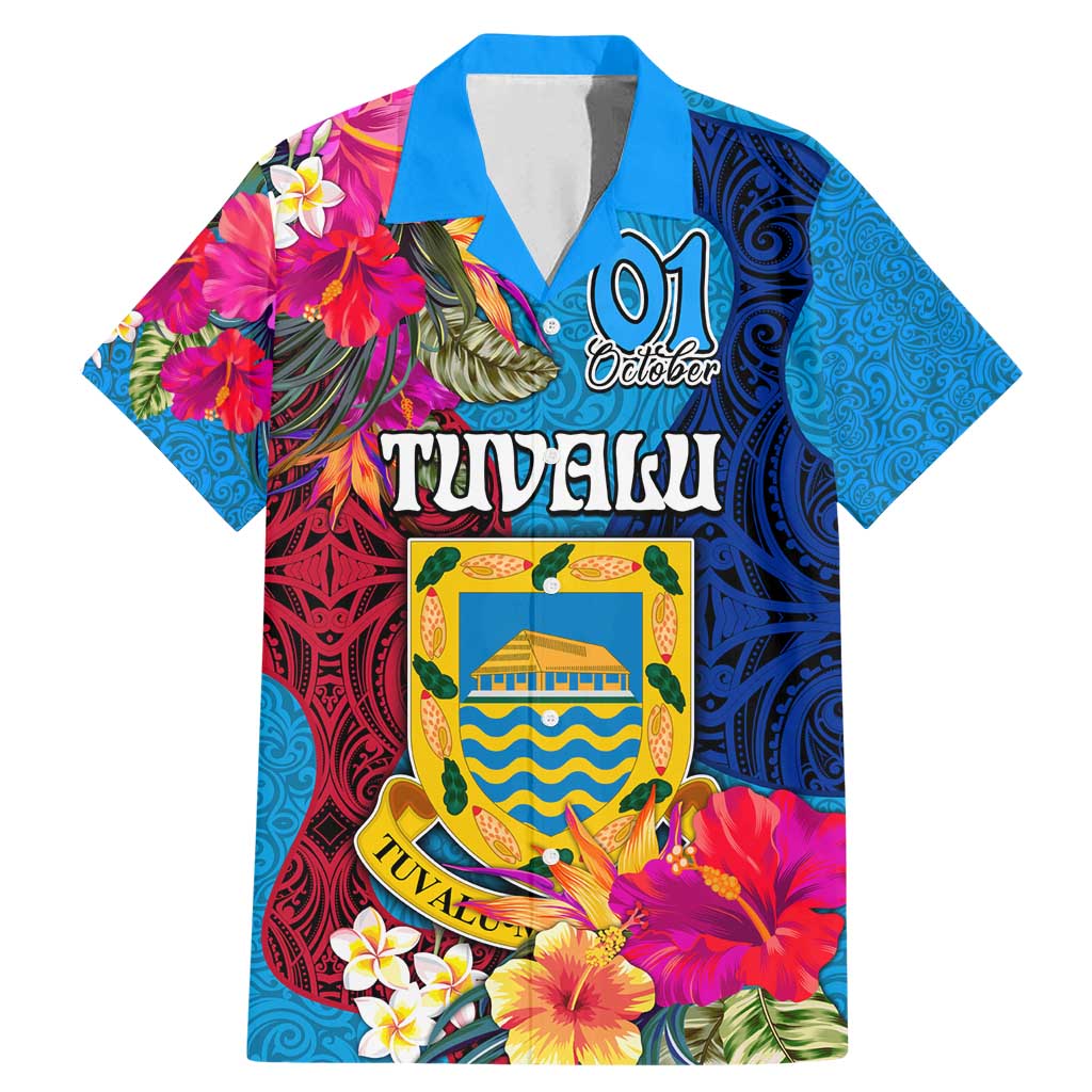 Personalised Tuvalu Independence Day Family Matching Mermaid Dress and Hawaiian Shirt 1st October 46th Anniversary Polynesian Jungle Flower LT03 Dad's Shirt - Short Sleeve Blue - Polynesian Pride