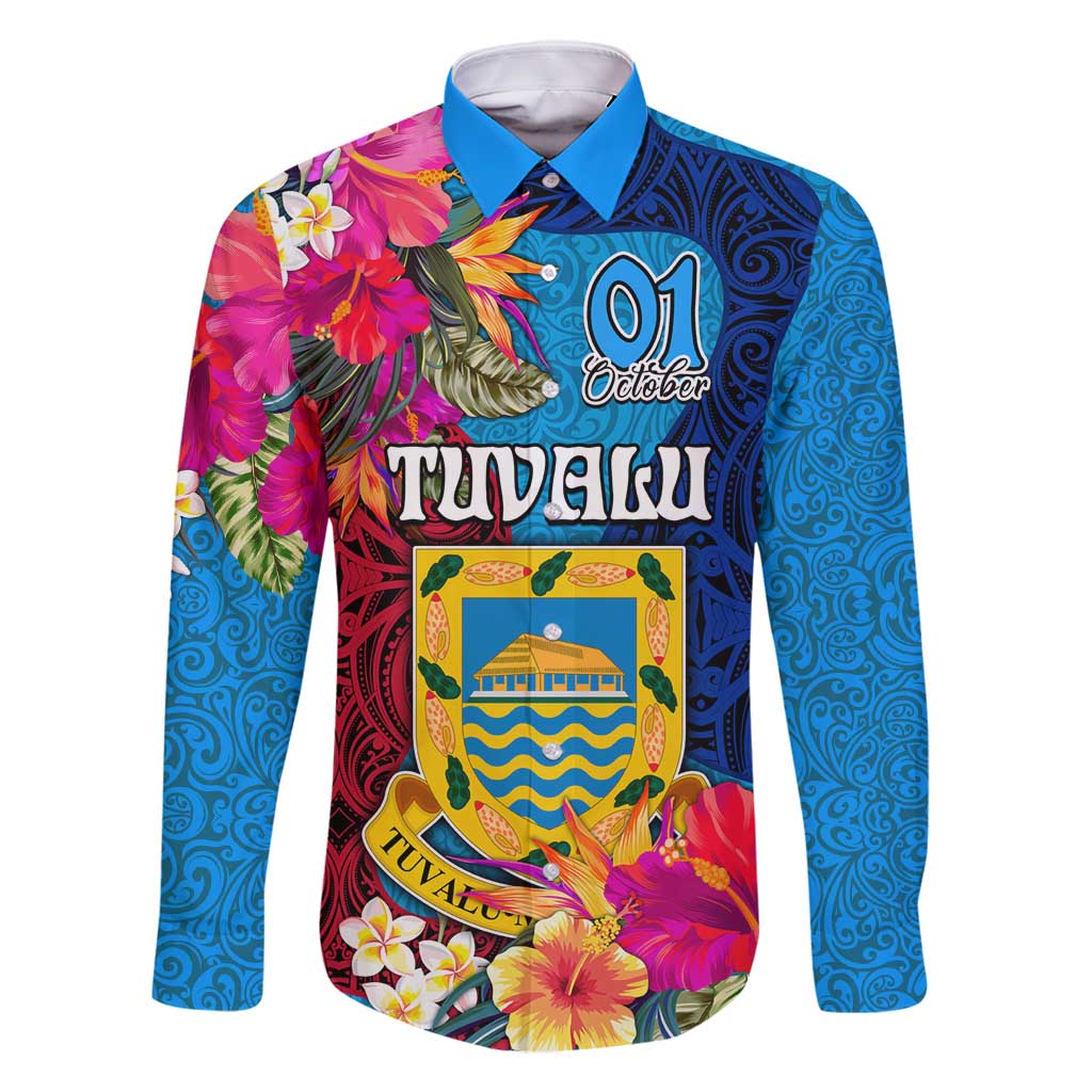 Personalised Tuvalu Independence Day Family Matching Mermaid Dress and Hawaiian Shirt 1st October 46th Anniversary Polynesian Jungle Flower LT03 Dad's Shirt - Long Sleeve Blue - Polynesian Pride