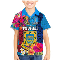 Personalised Tuvalu Independence Day Family Matching Mermaid Dress and Hawaiian Shirt 1st October 46th Anniversary Polynesian Jungle Flower LT03 Son's Shirt Blue - Polynesian Pride