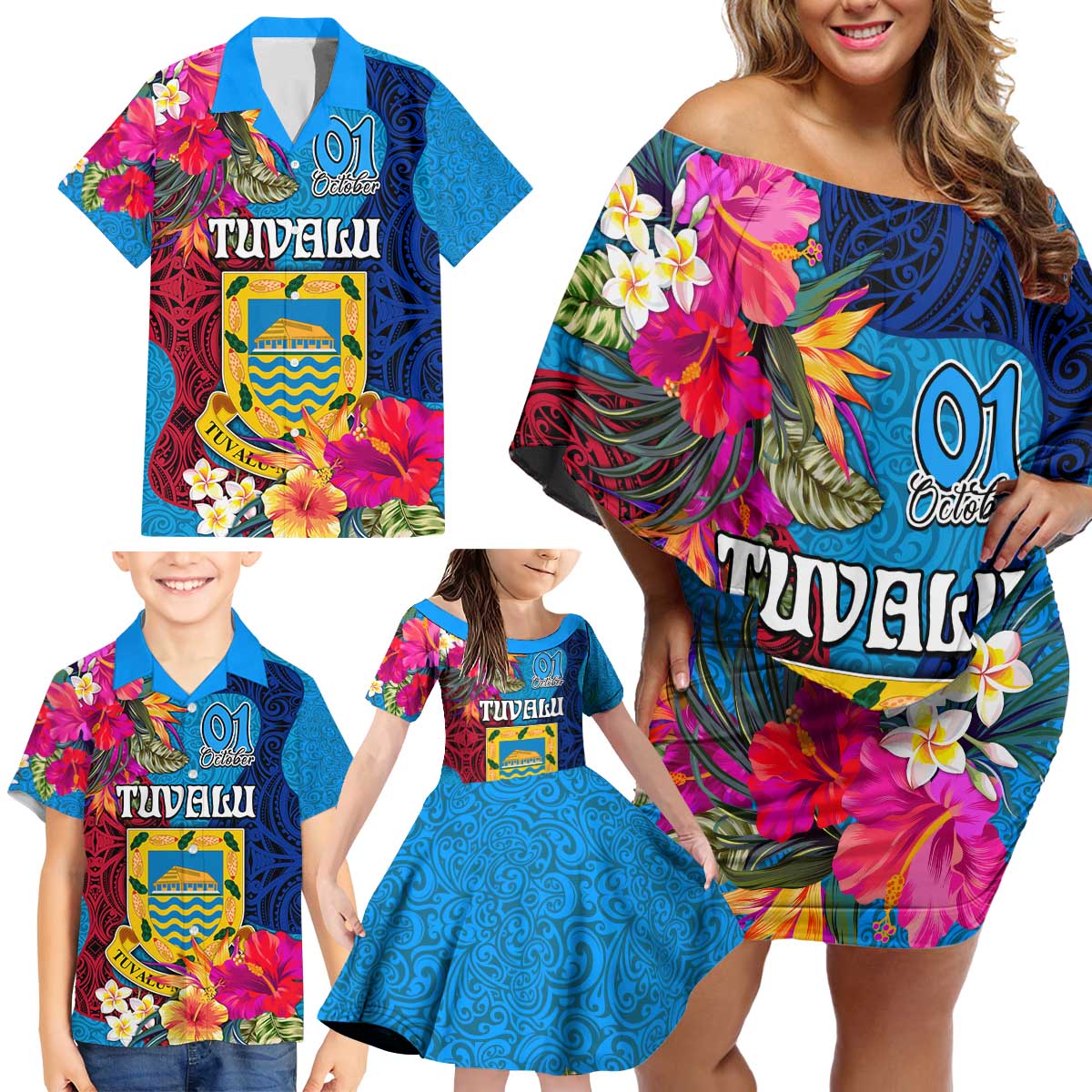 Personalised Tuvalu Independence Day Family Matching Off Shoulder Short Dress and Hawaiian Shirt 1st October 46th Anniversary Polynesian Jungle Flower