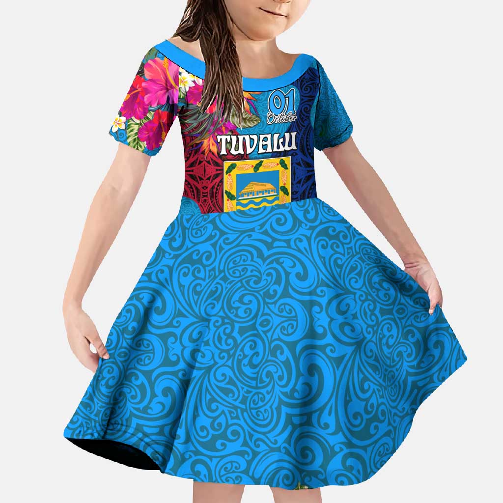 Personalised Tuvalu Independence Day Family Matching Short Sleeve Bodycon Dress and Hawaiian Shirt 1st October 46th Anniversary Polynesian Jungle Flower LT03 Daughter's Dress Blue - Polynesian Pride