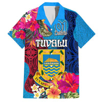 Personalised Tuvalu Independence Day Family Matching Short Sleeve Bodycon Dress and Hawaiian Shirt 1st October 46th Anniversary Polynesian Jungle Flower LT03 Dad's Shirt - Short Sleeve Blue - Polynesian Pride