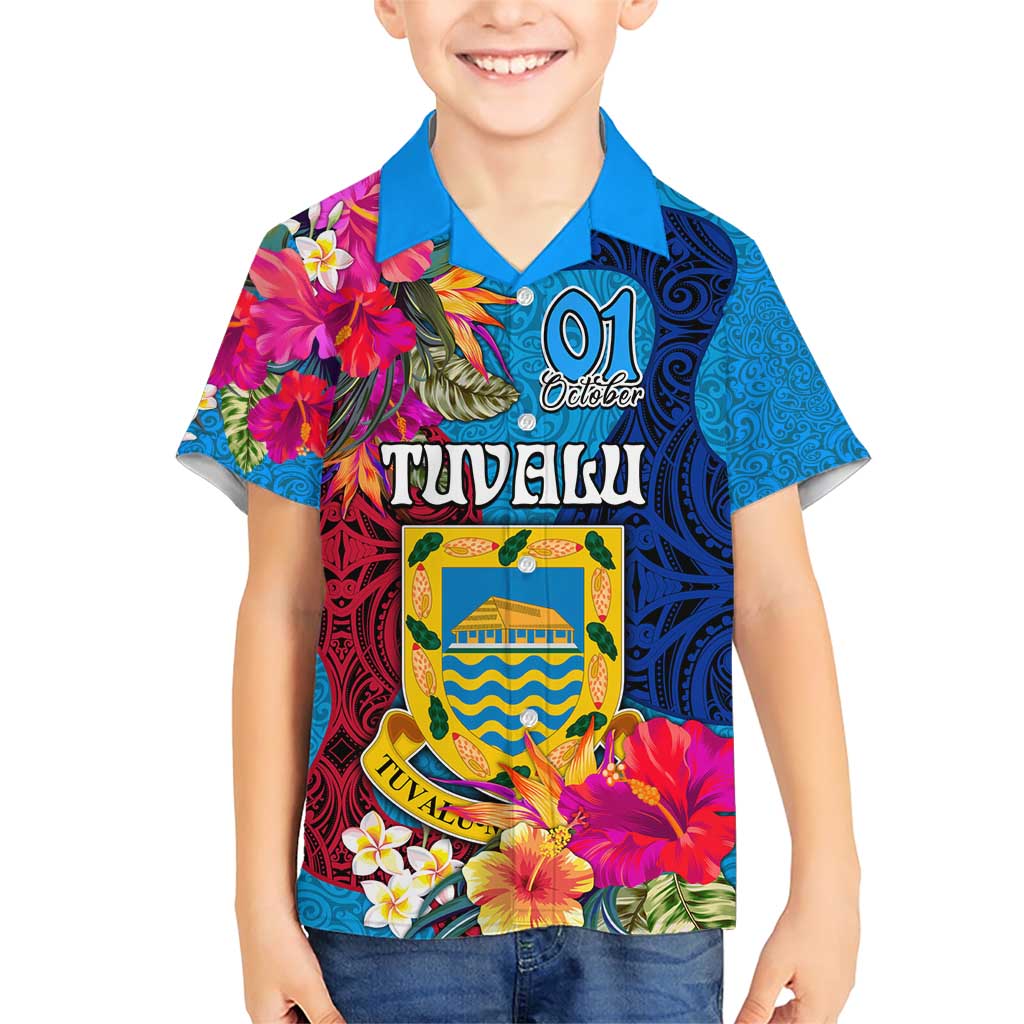Personalised Tuvalu Independence Day Family Matching Short Sleeve Bodycon Dress and Hawaiian Shirt 1st October 46th Anniversary Polynesian Jungle Flower LT03 Son's Shirt Blue - Polynesian Pride