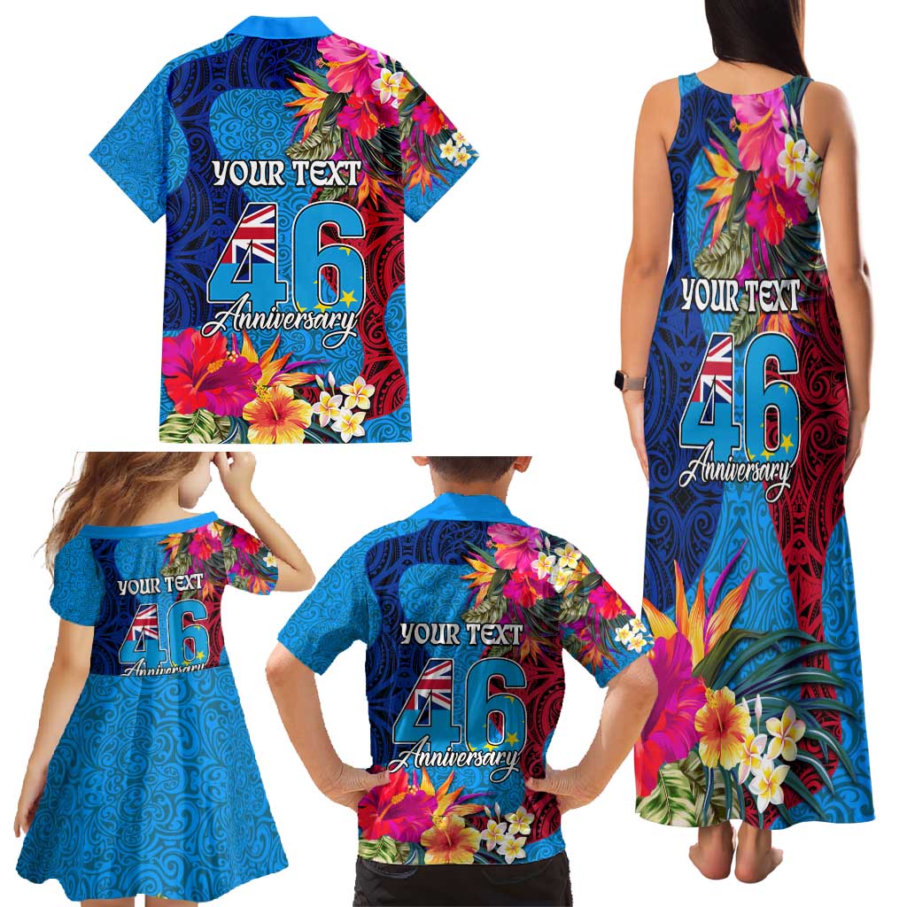 Personalised Tuvalu Independence Day Family Matching Tank Maxi Dress and Hawaiian Shirt 1st October 46th Anniversary Polynesian Jungle Flower
