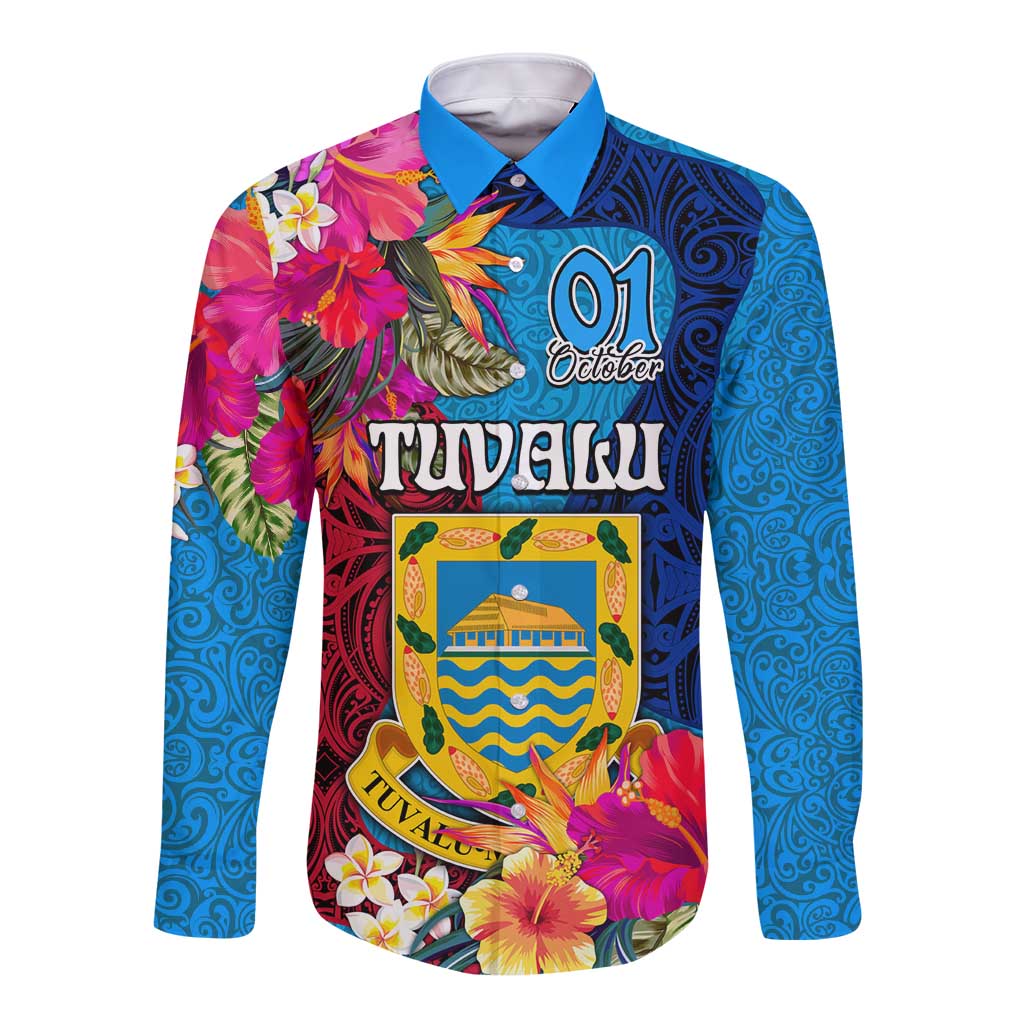 Personalised Tuvalu Independence Day Long Sleeve Button Shirt 1st October 46th Anniversary Polynesian Jungle Flower