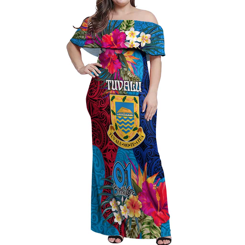 Personalised Tuvalu Independence Day Off Shoulder Maxi Dress 1st October 46th Anniversary Polynesian Jungle Flower