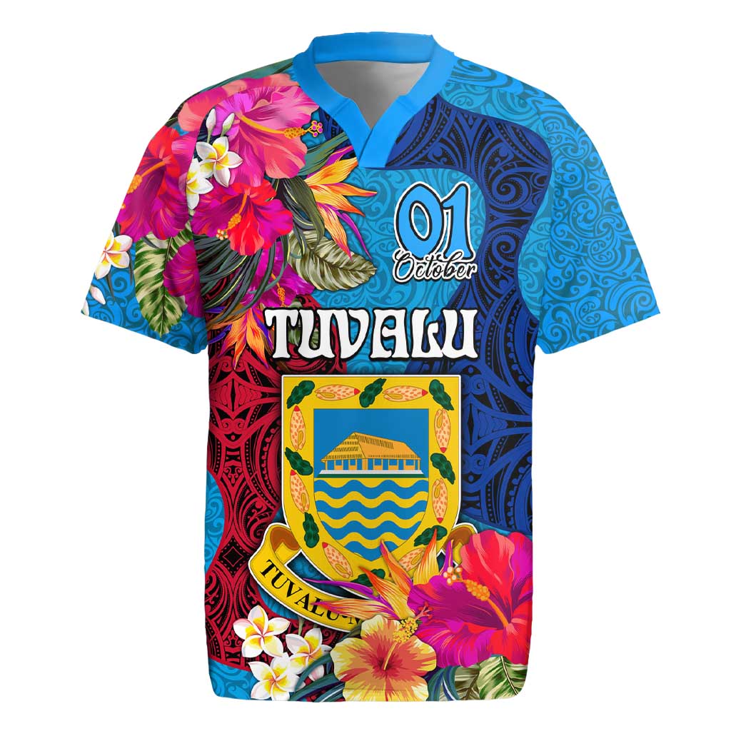 Personalised Tuvalu Independence Day Rugby Jersey 1st October 46th Anniversary Polynesian Jungle Flower