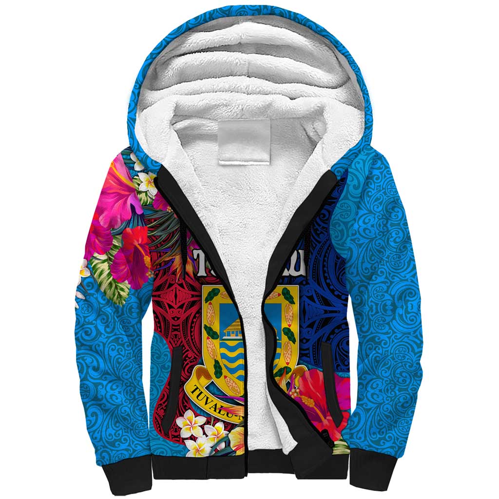 Personalised Tuvalu Independence Day Sherpa Hoodie 1st October 46th Anniversary Polynesian Jungle Flower