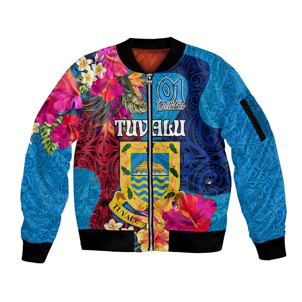 Personalised Tuvalu Independence Day Sleeve Zip Bomber Jacket 1st October 46th Anniversary Polynesian Jungle Flower