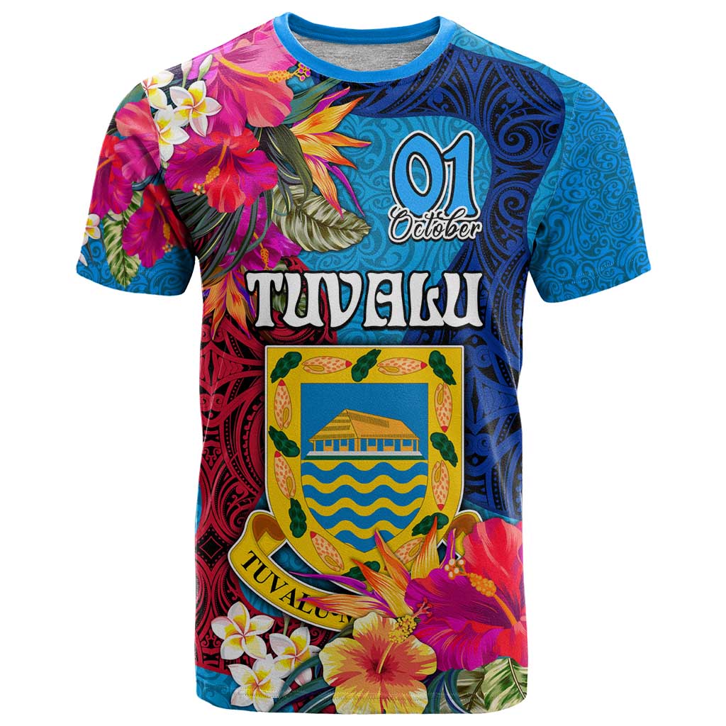 Personalised Tuvalu Independence Day T Shirt 1st October 46th Anniversary Polynesian Jungle Flower