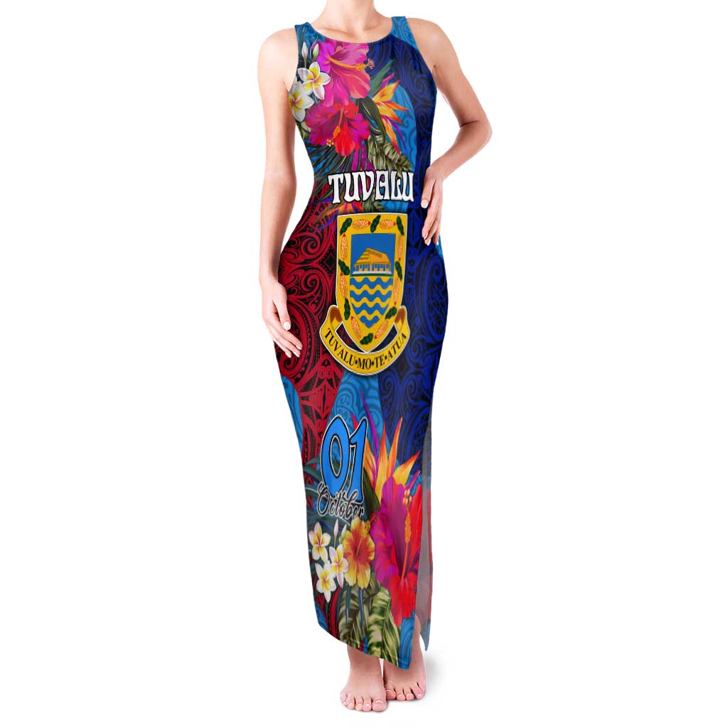 Personalised Tuvalu Independence Day Tank Maxi Dress 1st October 46th Anniversary Polynesian Jungle Flower