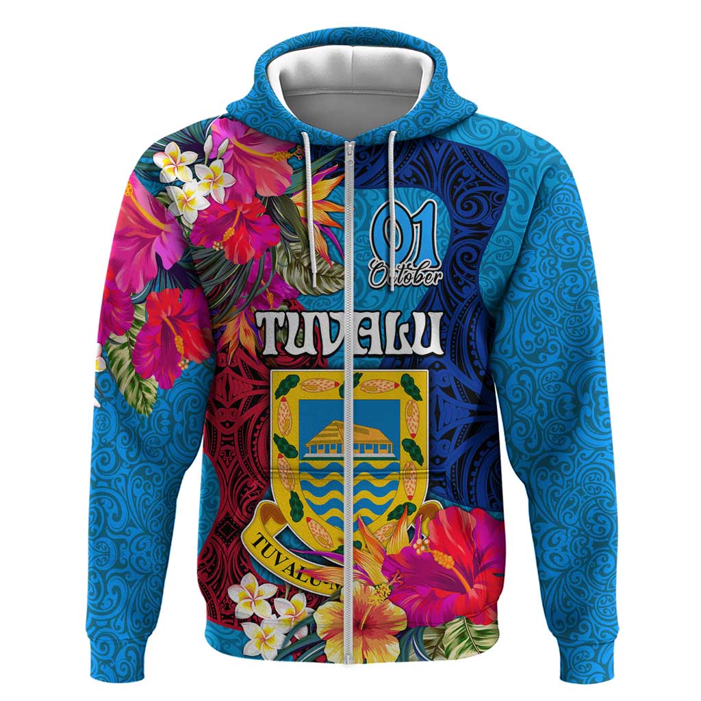 Personalised Tuvalu Independence Day Zip Hoodie 1st October 46th Anniversary Polynesian Jungle Flower