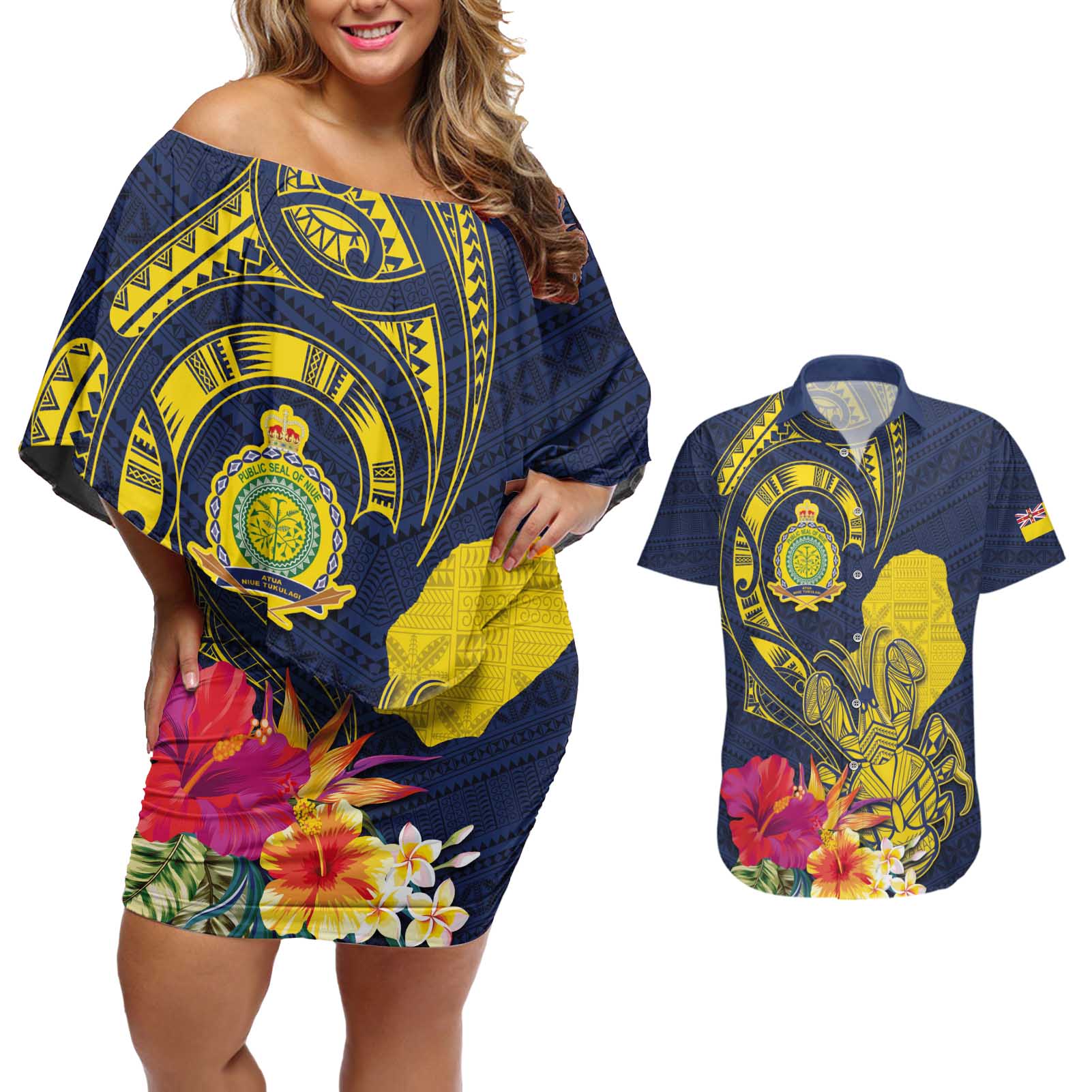 Niue Independence Day Couples Matching Off Shoulder Short Dress and Hawaiian Shirt Hiapo Pattern Hibiscus Plumeria and Uga