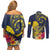 Niue Independence Day Couples Matching Off Shoulder Short Dress and Long Sleeve Button Shirt Hiapo Pattern Hibiscus Plumeria and Uga