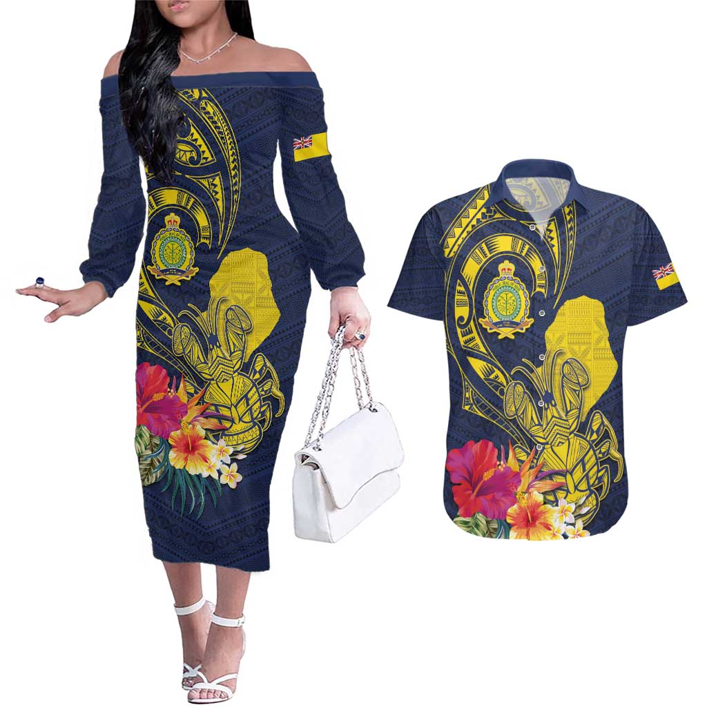 Niue Independence Day Couples Matching Off The Shoulder Long Sleeve Dress and Hawaiian Shirt Hiapo Pattern Hibiscus Plumeria and Uga