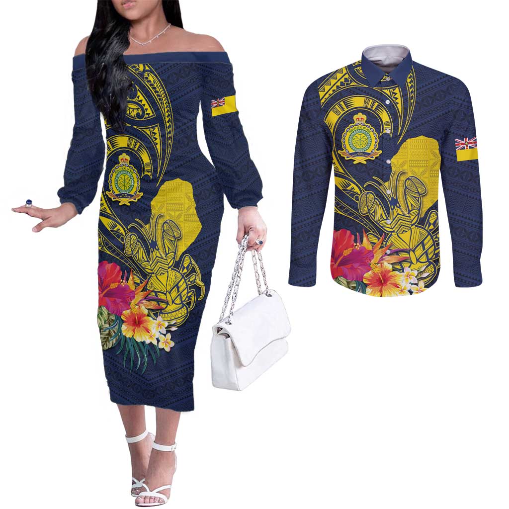 Niue Independence Day Couples Matching Off The Shoulder Long Sleeve Dress and Long Sleeve Button Shirt Hiapo Pattern Hibiscus Plumeria and Uga