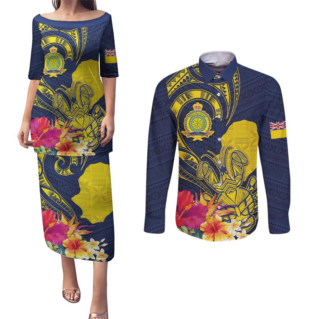 Niue Independence Day Couples Matching Puletasi and Long Sleeve Button Shirt Hiapo Pattern Hibiscus Plumeria and Uga