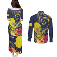 Niue Independence Day Couples Matching Puletasi and Long Sleeve Button Shirt Hiapo Pattern Hibiscus Plumeria and Uga