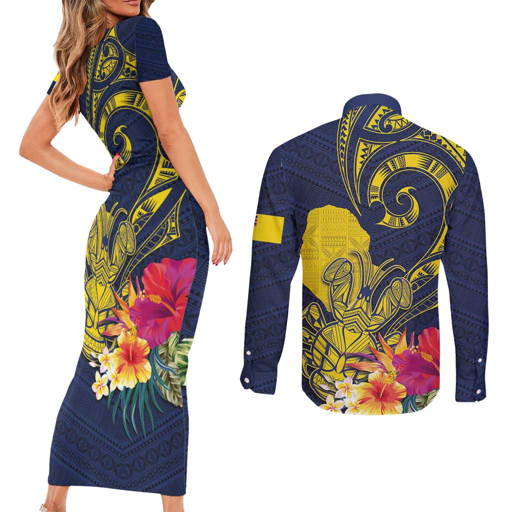 Niue Independence Day Couples Matching Short Sleeve Bodycon Dress and Long Sleeve Button Shirt Hiapo Pattern Hibiscus Plumeria and Uga