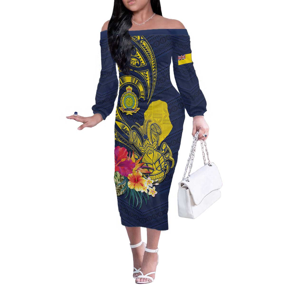Niue Independence Day Family Matching Off The Shoulder Long Sleeve Dress and Hawaiian Shirt Hiapo Pattern Hibiscus Plumeria and Uga