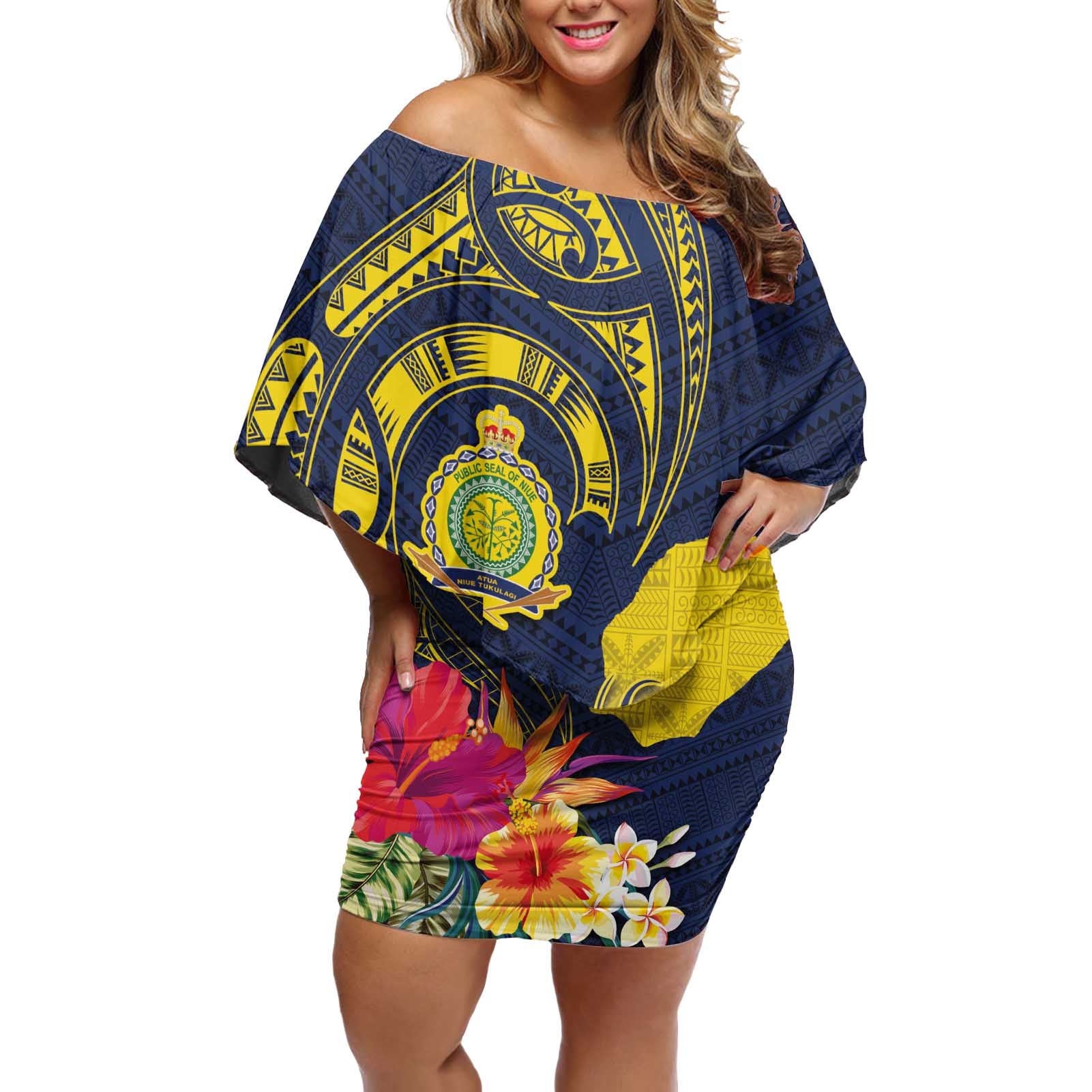 Niue Independence Day Off Shoulder Short Dress Hiapo Pattern Hibiscus Plumeria and Uga