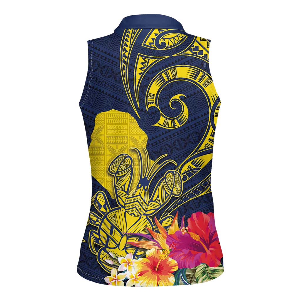 Niue Independence Day Women Sleeveless Polo Shirt Hiapo Pattern Hibiscus Plumeria and Uga