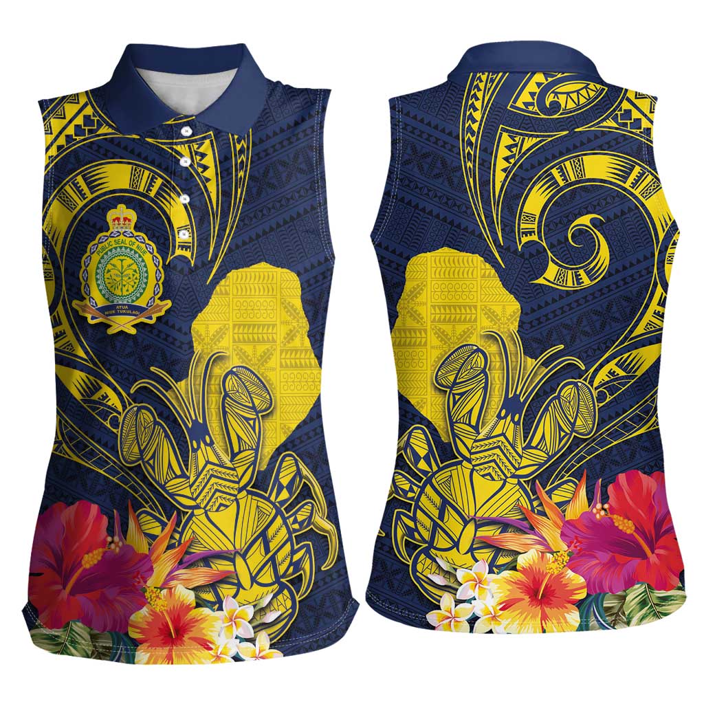 Niue Independence Day Women Sleeveless Polo Shirt Hiapo Pattern Hibiscus Plumeria and Uga