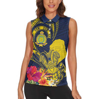 Niue Independence Day Women Sleeveless Polo Shirt Hiapo Pattern Hibiscus Plumeria and Uga