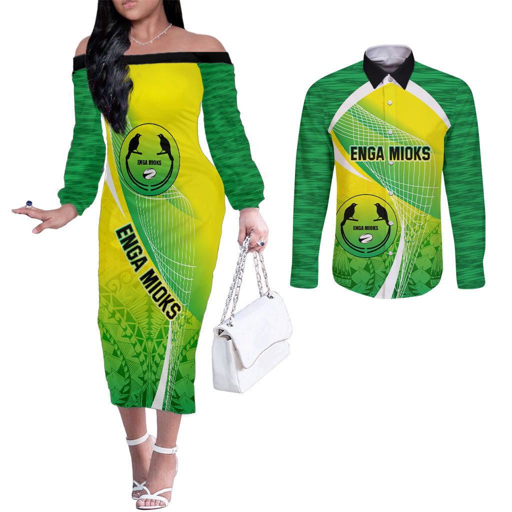 Enga Mioks Rugby Couples Matching Off The Shoulder Long Sleeve Dress and Long Sleeve Button Shirts Papua New Guinea Polynesian Tattoo LT03 Green - Polynesian Pride