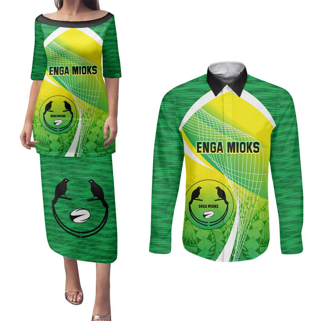 Enga Mioks Rugby Couples Matching Puletasi Dress and Long Sleeve Button Shirts Papua New Guinea Polynesian Tattoo LT03 Green - Polynesian Pride