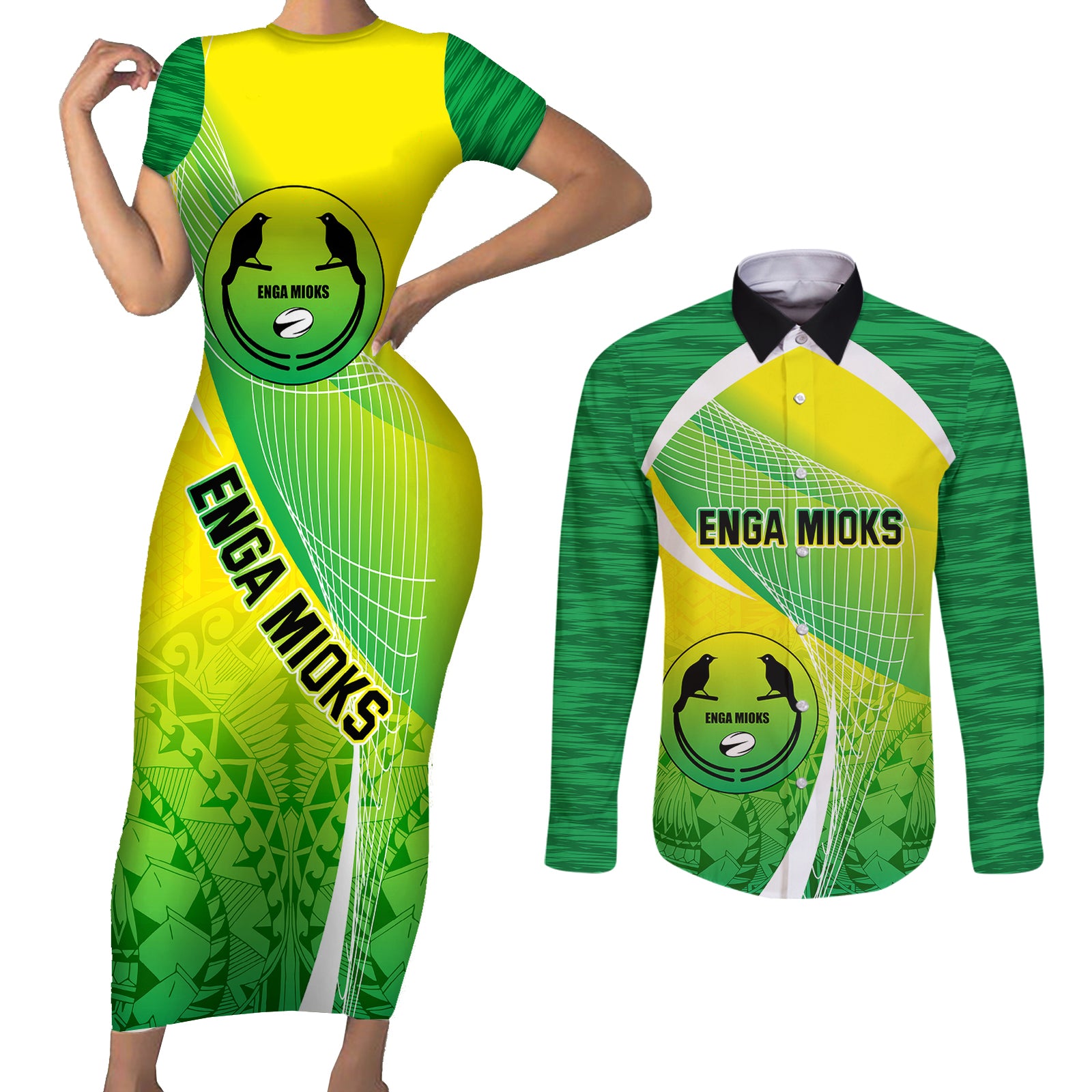 Enga Mioks Rugby Couples Matching Short Sleeve Bodycon Dress and Long Sleeve Button Shirts Papua New Guinea Polynesian Tattoo LT03 Green - Polynesian Pride