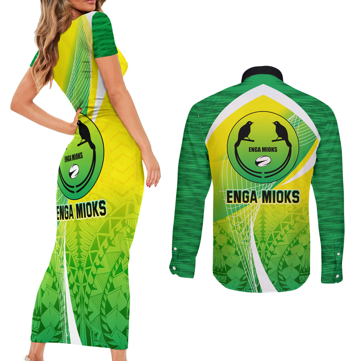 Enga Mioks Rugby Couples Matching Short Sleeve Bodycon Dress and Long Sleeve Button Shirts Papua New Guinea Polynesian Tattoo LT03 - Polynesian Pride