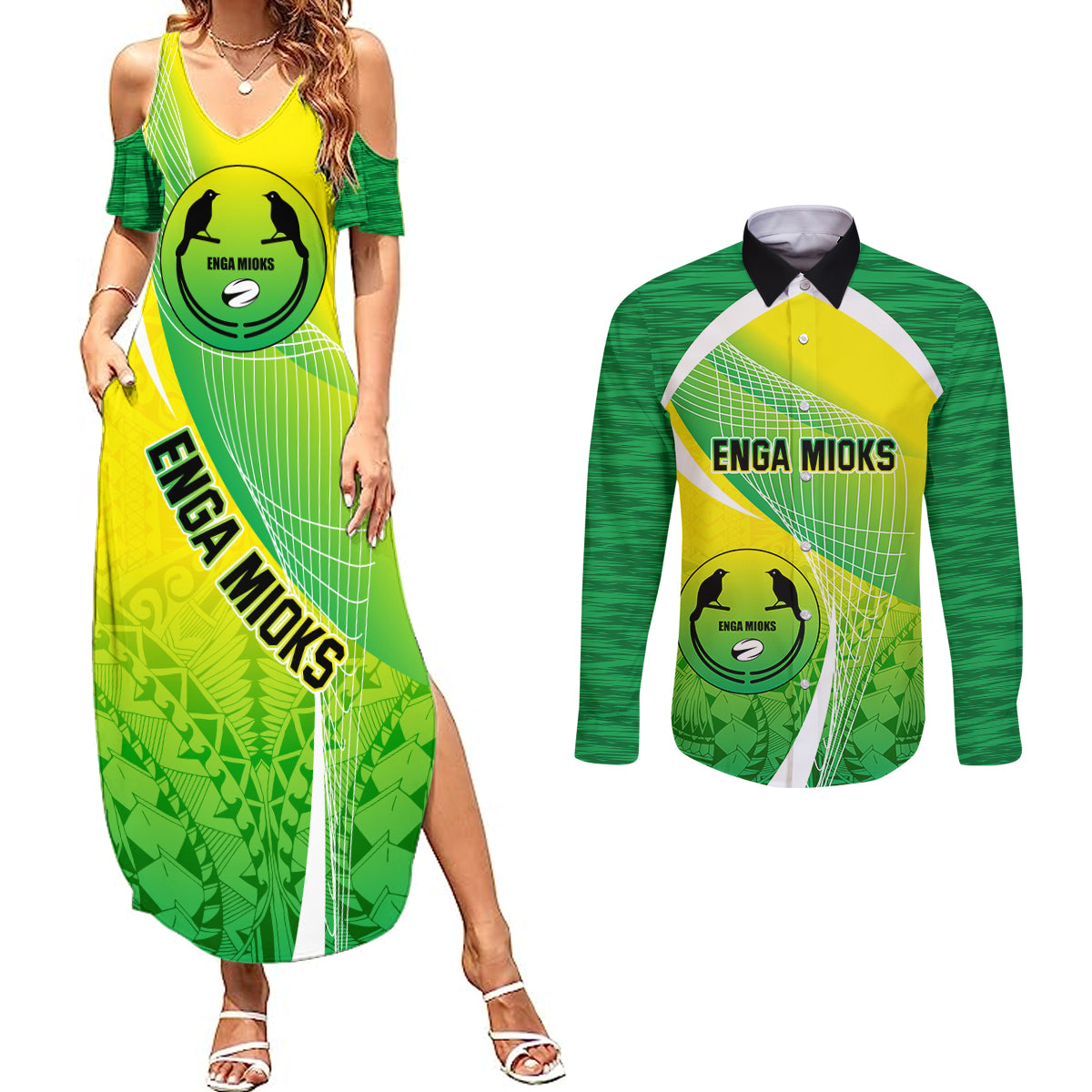 Enga Mioks Rugby Couples Matching Summer Maxi Dress and Long Sleeve Button Shirts Papua New Guinea Polynesian Tattoo LT03 Green - Polynesian Pride