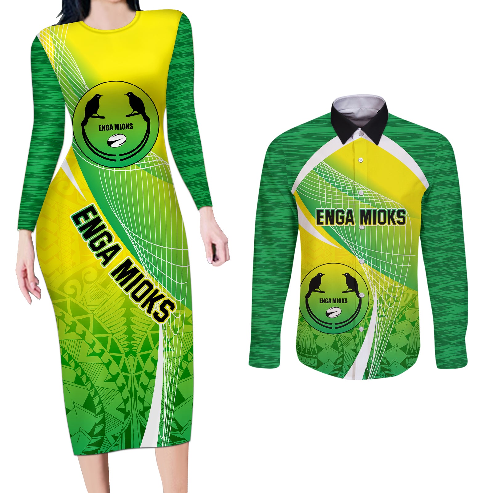 Custom Enga Mioks Rugby Couples Matching Long Sleeve Bodycon Dress and Long Sleeve Button Shirts Papua New Guinea Polynesian Tattoo LT03 Green - Polynesian Pride