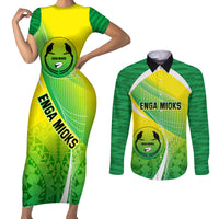 Custom Enga Mioks Rugby Couples Matching Short Sleeve Bodycon Dress and Long Sleeve Button Shirts Papua New Guinea Polynesian Tattoo LT03 Green - Polynesian Pride