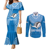 Gulf Isou Rugby Couples Matching Mermaid Dress and Long Sleeve Button Shirts Papua New Guinea Polynesian Tattoo LT03 Blue - Polynesian Pride
