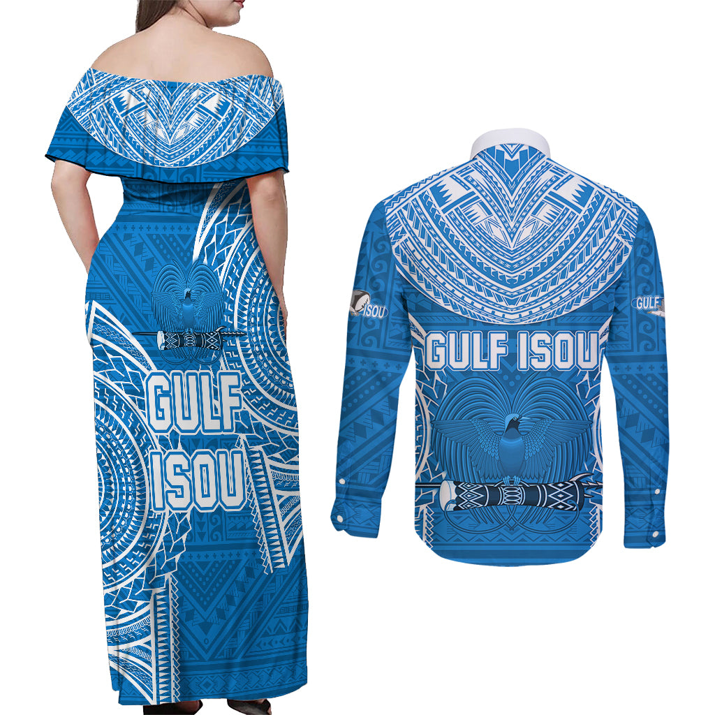 Gulf Isou Rugby Couples Matching Off Shoulder Maxi Dress and Long Sleeve Button Shirts Papua New Guinea Polynesian Tattoo LT03 - Polynesian Pride