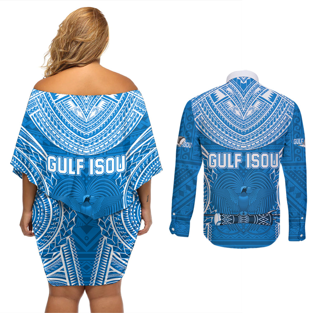 Gulf Isou Rugby Couples Matching Off Shoulder Short Dress and Long Sleeve Button Shirts Papua New Guinea Polynesian Tattoo LT03 - Polynesian Pride