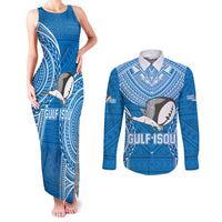Gulf Isou Rugby Couples Matching Tank Maxi Dress and Long Sleeve Button Shirts Papua New Guinea Polynesian Tattoo LT03 Blue - Polynesian Pride