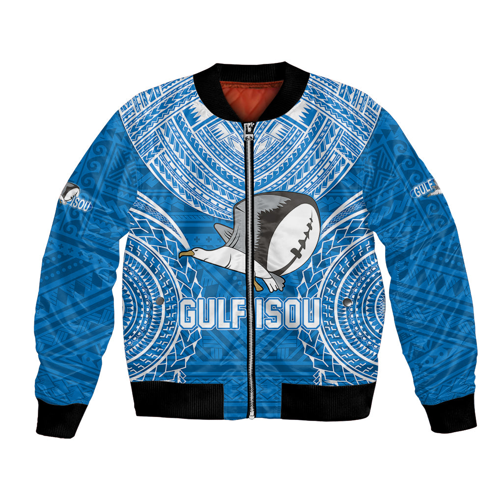 Custom Gulf Isou Rugby Bomber Jacket Papua New Guinea Polynesian Tattoo LT03 Unisex Blue - Polynesian Pride