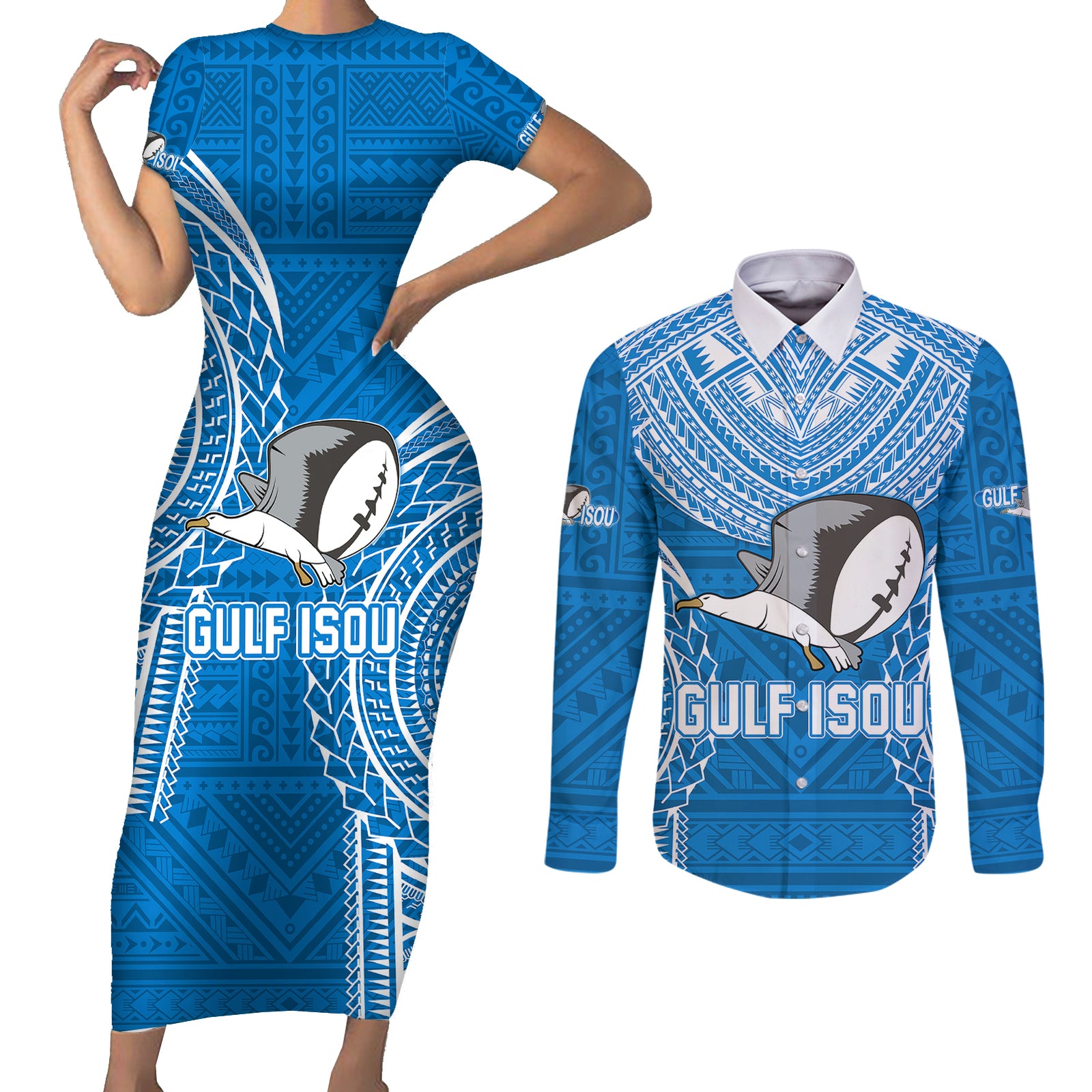 Custom Gulf Isou Rugby Couples Matching Short Sleeve Bodycon Dress and Long Sleeve Button Shirts Papua New Guinea Polynesian Tattoo LT03 Blue - Polynesian Pride